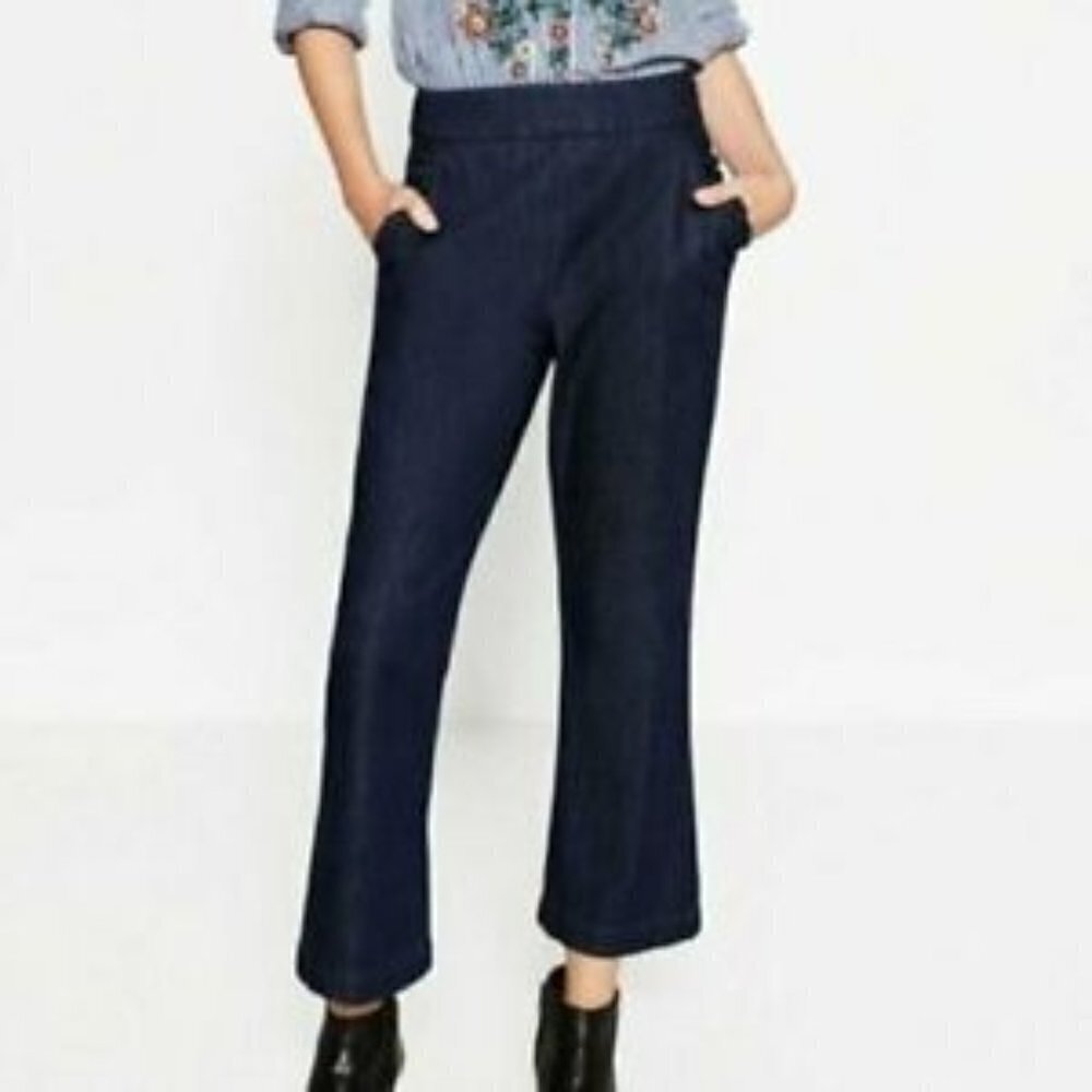 Zara Jeans Straight Blue Denim Ankle High Rise Ruffle Pockets Women's XS